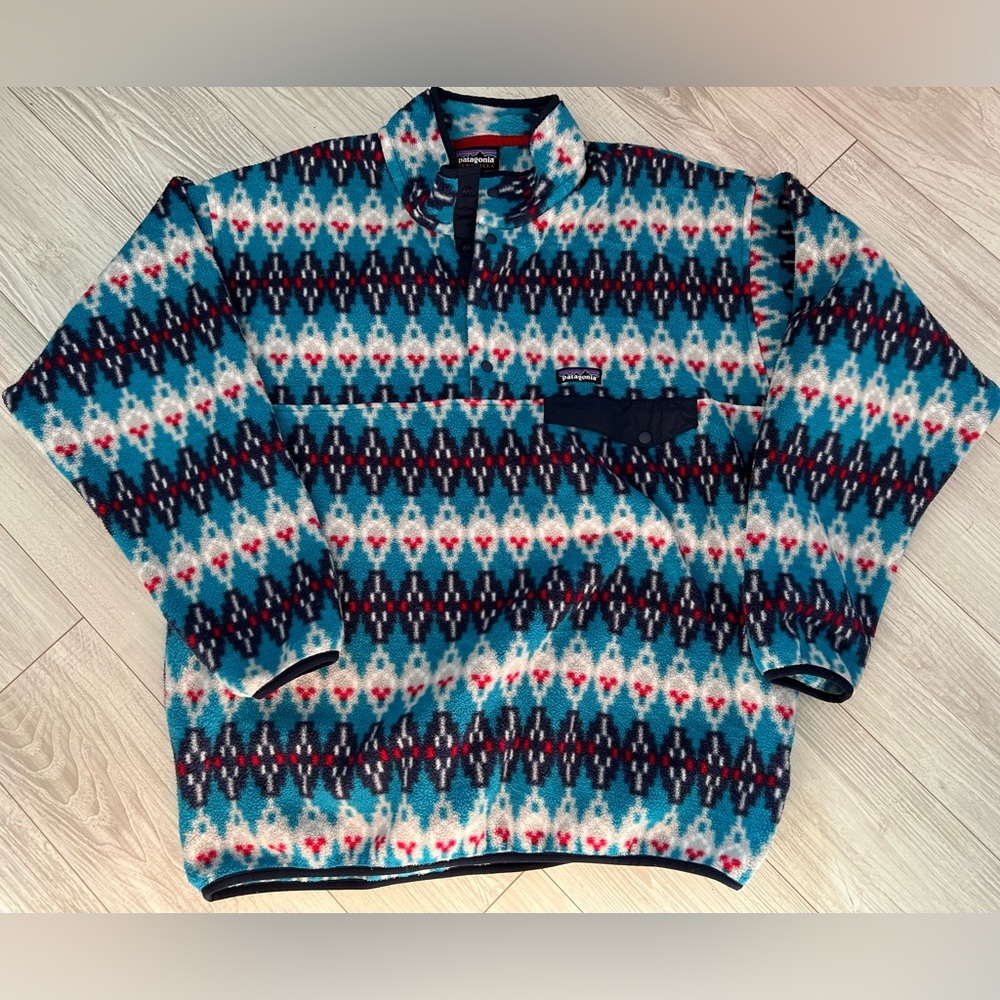 Patagonia forest carpet blue synchilla snap-T fleece pullover Aztec men’s XL